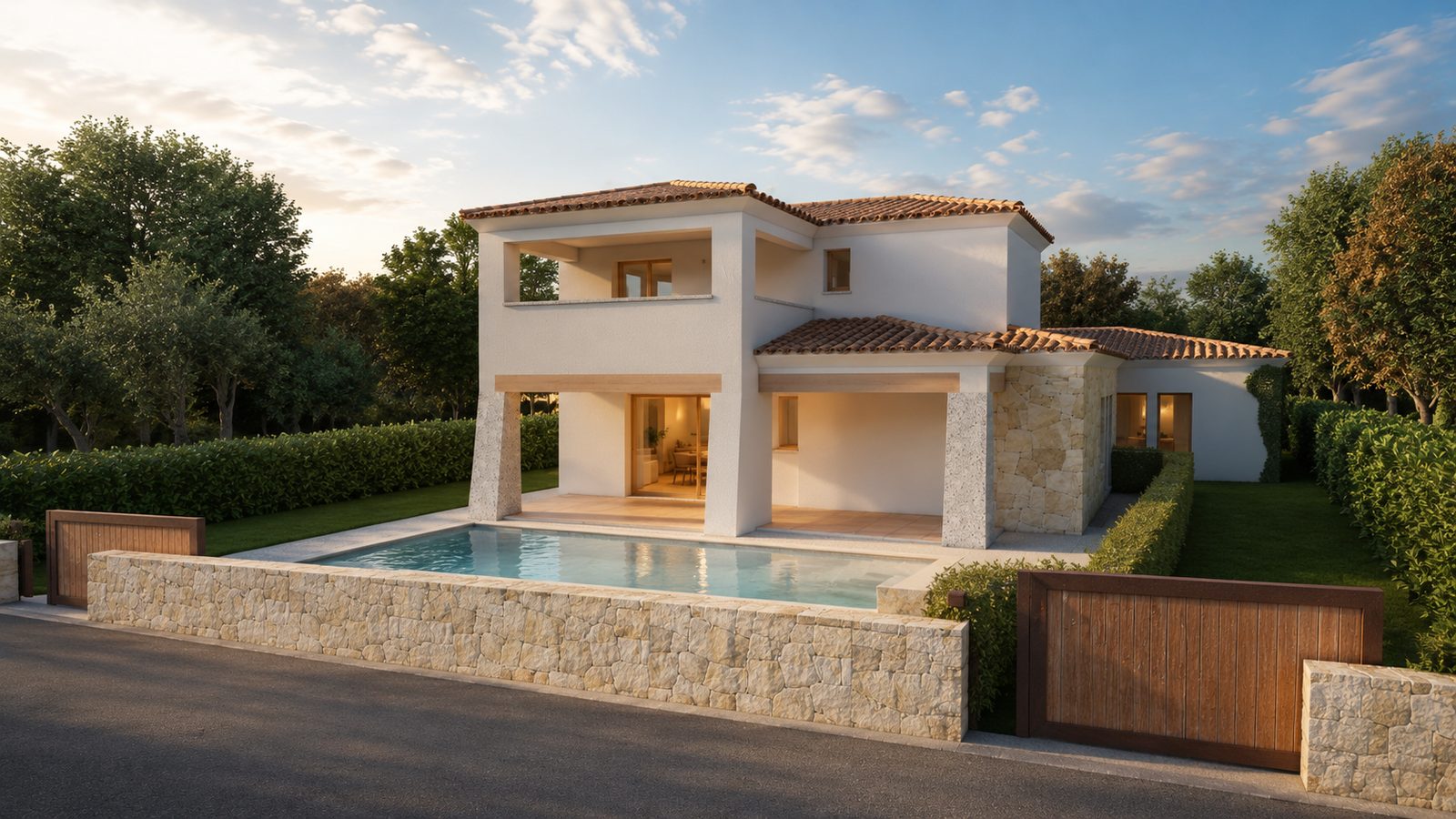 Il fronte dalla strada, con la piscina